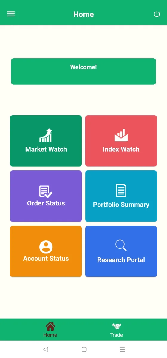 Tezi app home screen: Market Watch, Index Watch, Order Status, Portfolio Summary, Account Status and Research Portal