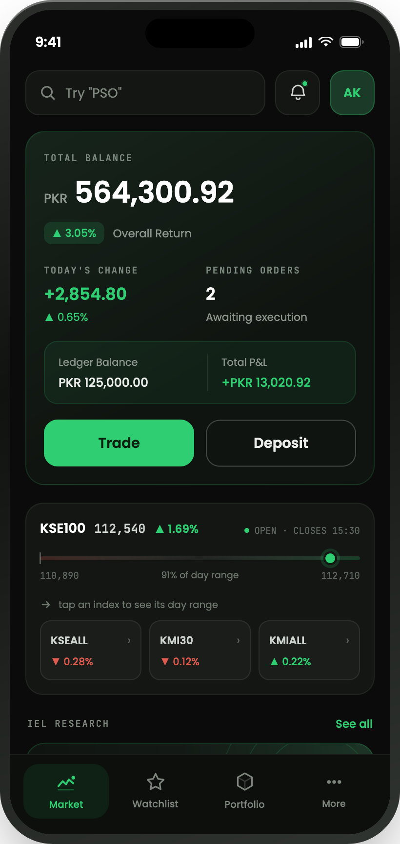 Tezi app market screen: total balance, today's change, pending orders and the KSE-100 index