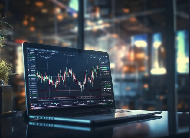 A laptop on a desk showing live market charts, with a city office blurred behind